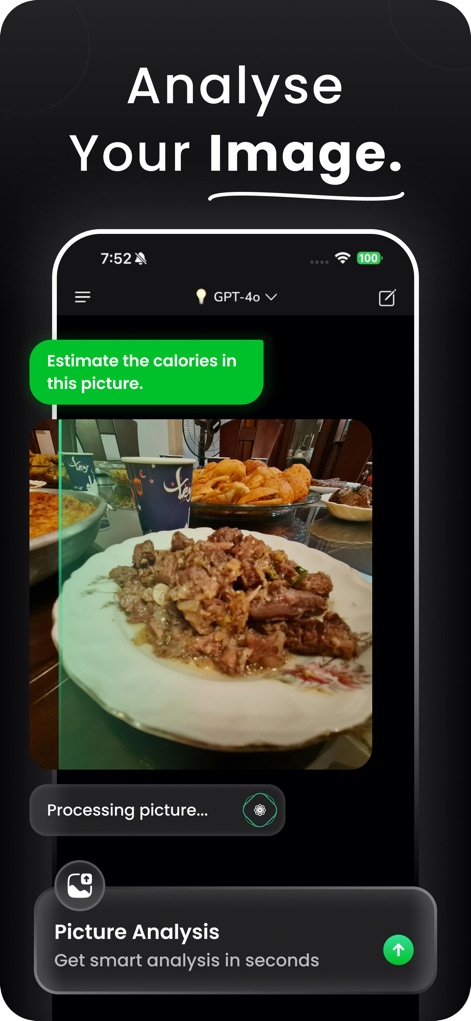Gronk AI - DeepGronk AI Chat - See how the app provides detailed insights from images, enabling users to ask specific questions, like 'Estimate the calories in this picture,' and receive smart analysis.