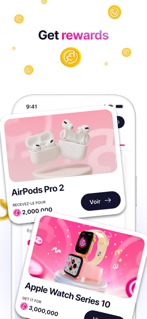 Elfie - Health & Rewards - Los usuarios son recompensados por su compromiso, pudiendo canjear sus Elfie coins por premios como "AirPods Pro 2" o un "Apple Watch Series 10".