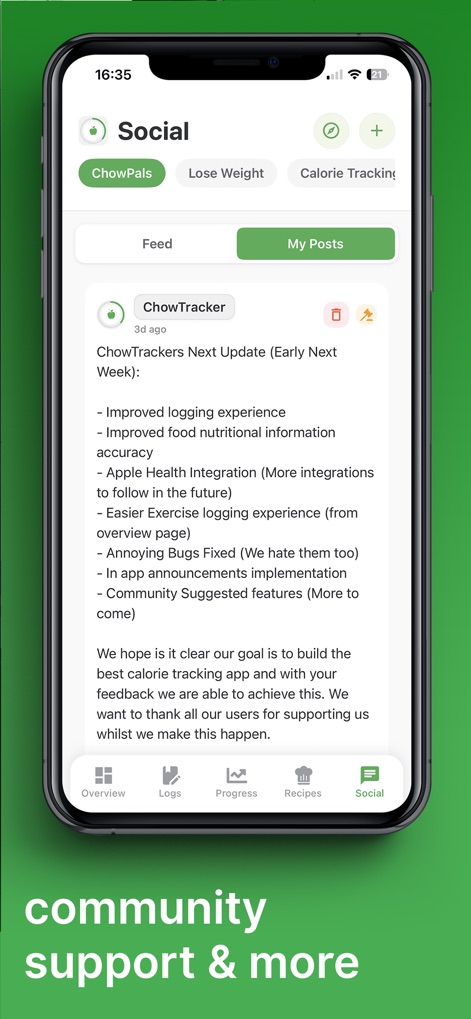 ChowTracker - La aplicación fomenta la interacción a través de su sección 'Social', donde los usuarios pueden encontrar anuncios de 'ChowTracker' y explorar las opciones de 'ChowPals'.