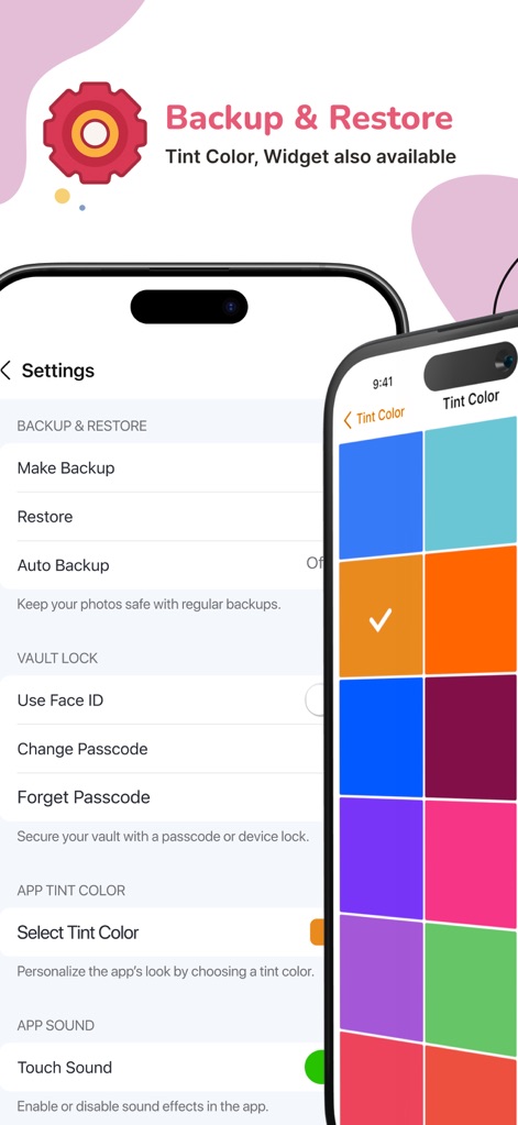 Gallery - Photo Vault - The settings reveal comprehensive backup and restore options alongside vibrant personalization capabilities, such as selecting a distinct 'Tint Color' for the app's interface.