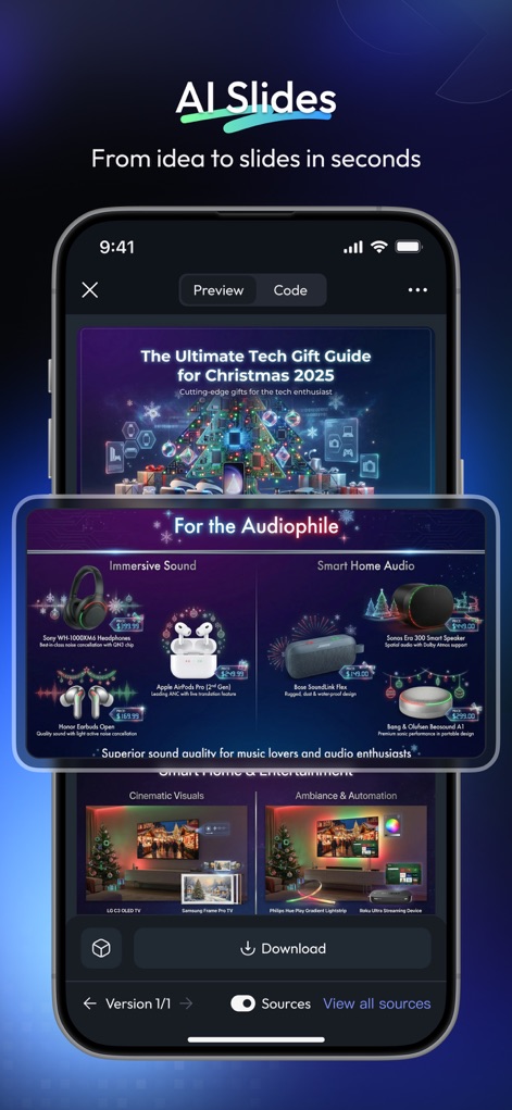 Skywork - A funcionalidade "AI Slides" é demonstrada, exibindo uma apresentação gerada intitulada "The Ultimate Tech Gift Guide for Christmas 2025" e detalhando layouts de produtos para "Immersive Sound" e "Smart Home & Entertainment".