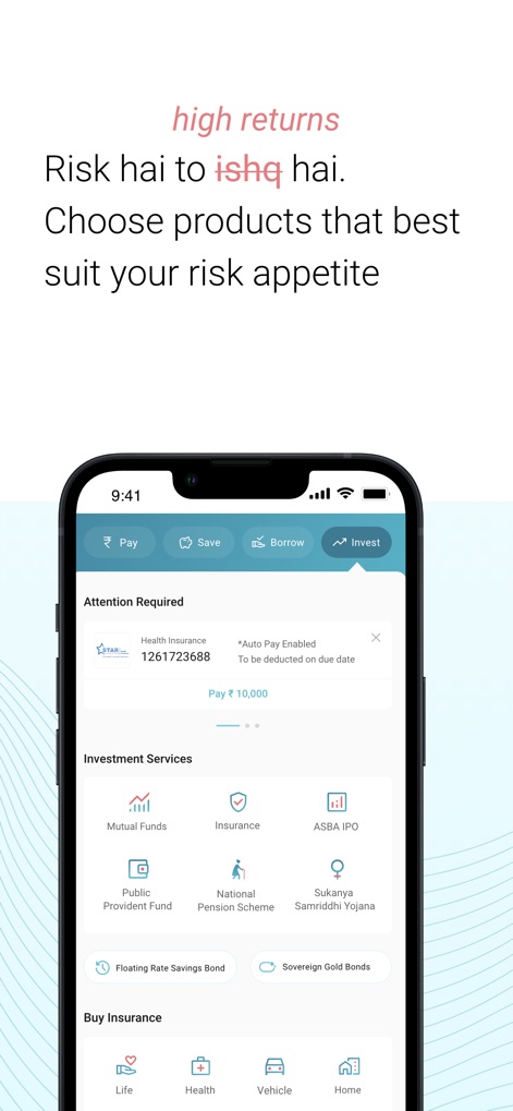 BOI Mobile - The app presents a tailored investment portfolio, offering a wide array of 'Investment Services' including 'Mutual Funds' and 'Insurance' to match user risk appetites.