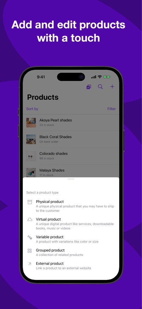 WooCommerce: Store & POS - La herramienta permite la gestión completa del catálogo de productos, visualizando la lista existente con sus niveles de stock y el menú desplegable para seleccionar diferentes tipos de producto.
