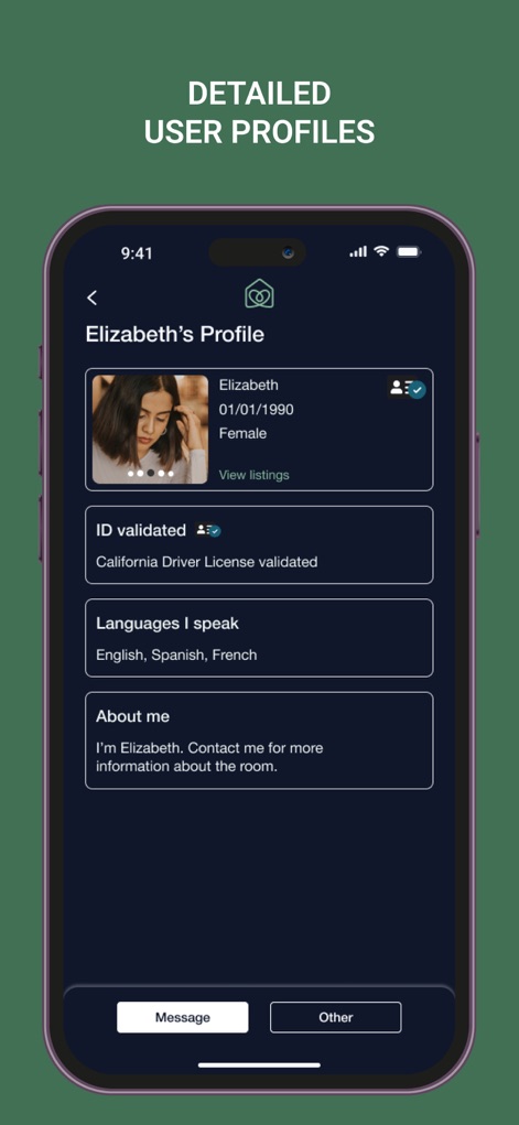 Roomster - 사용자는 상세 프로필을 통해 잠재적 룸메이트의 정보를 확인할 수 있으며, ID 검증 여부와 구사 가능한 언어를 파악할 수 있습니다.