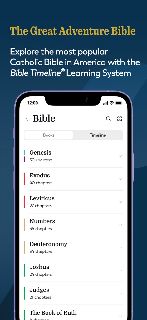 Ascension: Catholic Bible - L'application propose la Bible Catholique Great Adventure avec une navigation claire par livres et le système d'apprentissage Bible Timeline®.