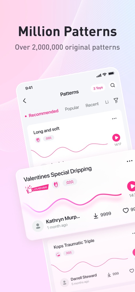 Lovense Remote - Questa app offre accesso a una libreria di oltre 2 milioni di schemi di vibrazione creati dagli utenti, con opzioni come 'Long and soft' e 'Valentines Special Dripping' per infinite esplorazioni.