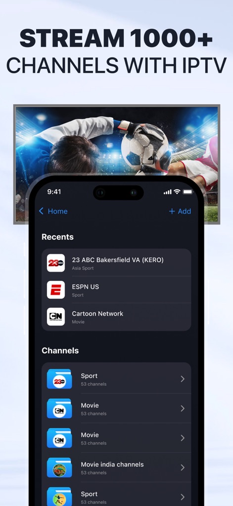 Screen Mirroring・TV Cast View - Users can explore "1000+ Channels with IPTV" through a comprehensive list of "Recents" and categorized "Channels", offering a wide range of content.
