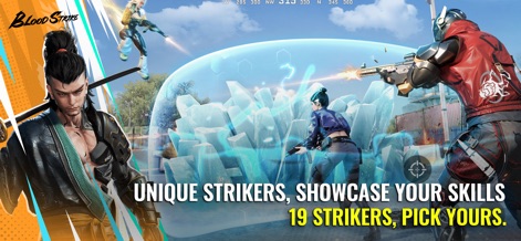 Blood Strike - FPS for all - Users can choose from a roster of 19 unique Strikers, each bringing distinct abilities to the battlefield, as demonstrated by the defensive energy shield and varied combat roles.