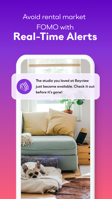 Apartment List: Apt rentals App Store screenshot 5, headline “Avoid rental market FOMO with Real-Time Alerts”. Leads with a problem.