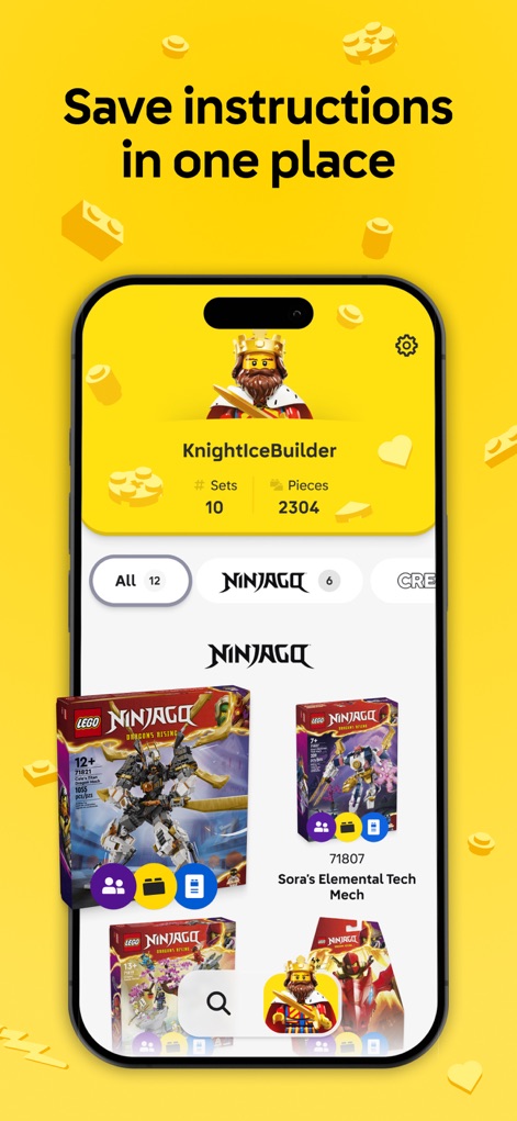 LEGO® Builder: 3D Instructions - Access a personalized collection hub where users can view their 'KnightIceBuilder' profile, track stats like '# Sets' and 'Pieces', and browse saved instructions organized by themes such as NINJAGO.