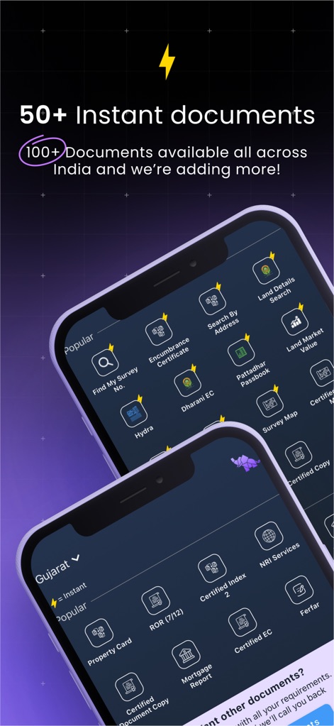 Landeed – Land Records & Bills - The app presents a wide array of instantly accessible documents, from 'Encumbrance Certificate' to 'Survey Map', catering to comprehensive property information needs.