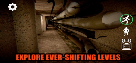 Backrooms Descent: Horror Game - Users can immerse themselves in the game's grim atmosphere, navigating dark industrial corridors while utilizing crucial movement icons for stealth and survival.