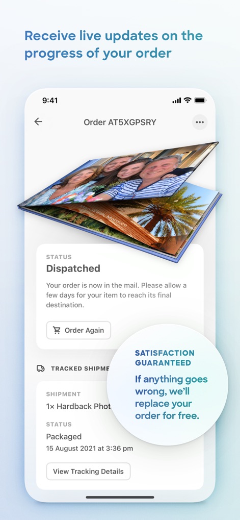 Popsa | Print Your Photos - The app provides real-time order tracking with a "STATUS: Dispatched" update and detailed shipment information, alongside a reassuring "SATISFACTION GUARANTEED" promise for replacements.