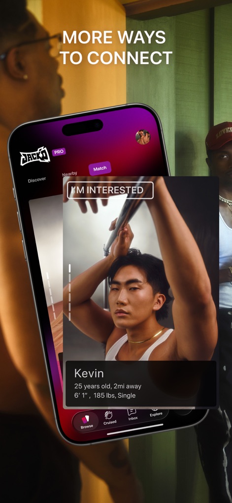 Jack’d - Gay chat & dating - Users can view comprehensive profile details and signal attraction using the 'I'M INTERESTED' button, streamlining the mutual match discovery process.