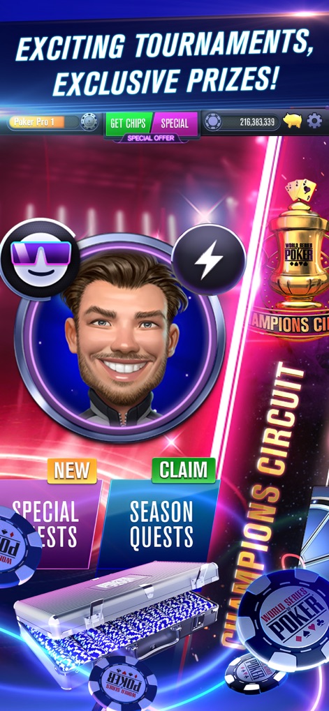 WSOP Poker: Texas Holdem Game - O aplicativo oferece torneios emocionantes com a possibilidade de ganhar prêmios exclusivos, visível através do perfil do jogador e do banner do Champions Circuit.