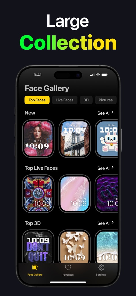 Watch Faces - WatchLab - Navigate the intuitive Face Gallery interface, which categorizes an extensive collection of watch faces, including 'Top Faces' and 'Live Faces', for easy discovery.