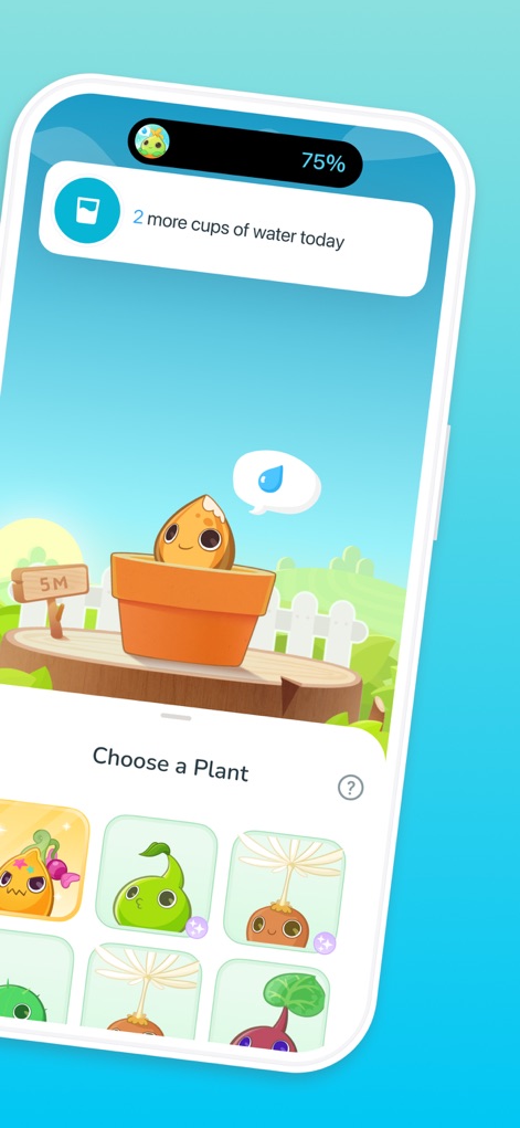 Plant Nanny Cute Water Tracker - La interfaz intuitiva permite a los usuarios seleccionar entre una variedad de adorables semillas, mientras una barra de progreso muestra visualmente el 75% del objetivo diario de hidratación.