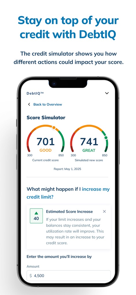 LendingClub: Banking and More - The DebtIQ Score Simulator graphically illustrates potential credit score improvements and provides estimated score increases based on user actions like increasing a credit limit.