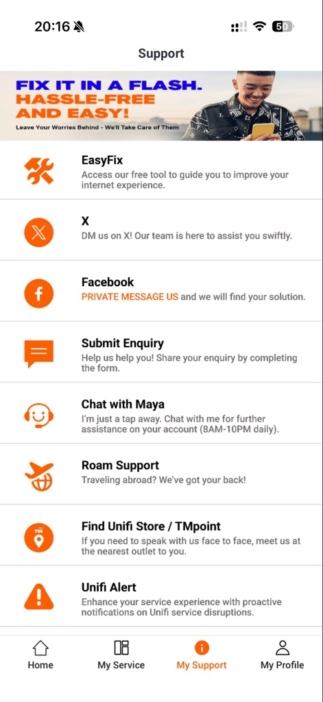 Unifi UniVerse - La herramienta ofrece múltiples canales de soporte, incluyendo la guía de solución de problemas "EasyFix" y la interacción directa a través de "Chat with Maya" para asistencia personalizada.
