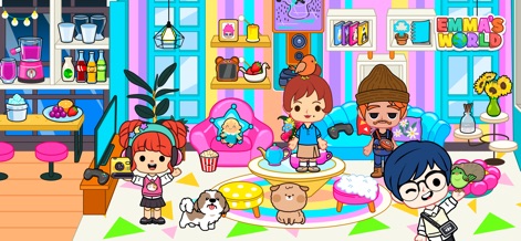 Emma's World - Town & Family - Discover interactive domestic scenes, featuring customizable living room furniture and playful pet companions.