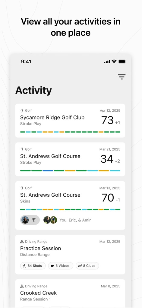Garmin Golf - Die App präsentiert eine zentrale Übersicht aller Golfrunden mit detailreichen Scores und speichert zudem umfassende Trainingsdaten von der Driving Range ab.
