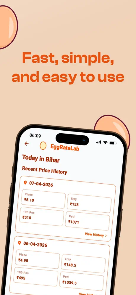 Egg Rate Lab app price history screen for Bihar with recent NECC egg rates by piece, tray, and peti