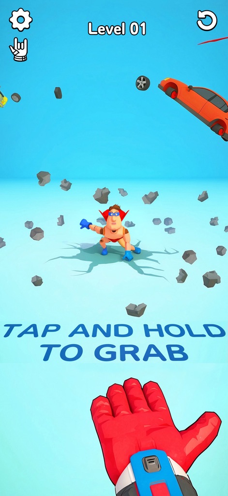 Ragdoll Hero Break Games - Discover the game's core interactive mechanic as users "TAP AND HOLD TO GRAB" the ragdoll hero, triggering chaotic debris effects from a cracked floor.