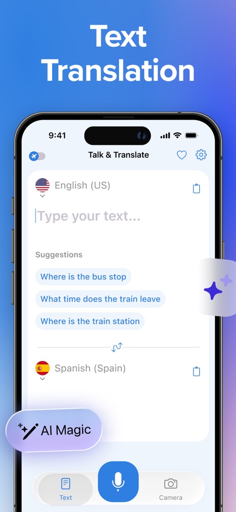Talk & Translate AI Translator - Users can effortlessly translate written content using the prominent text input field and leverage smart AI suggestions for faster communication.