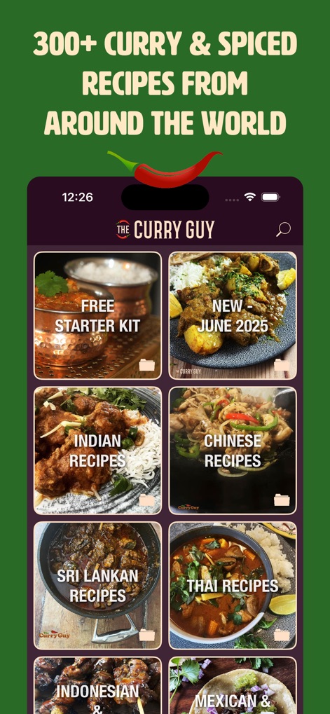 The Curry Guy - Spiced Recipes - Scoprite una vasta collezione di ricette speziate con il banner "300+ Curry & Spiced Recipes From Around The World" in evidenza, esplorando l'interfaccia a griglia che mostra categorie diverse come "Indian Recipes" e "Chinese Recipes".