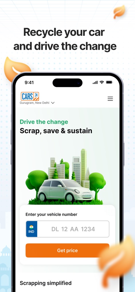 CARS24® – Sell & Buy Used Cars - Engage in sustainable practices through the 'Recycle your car and drive the change' program, where users can enter their vehicle number to receive a scrapping price.