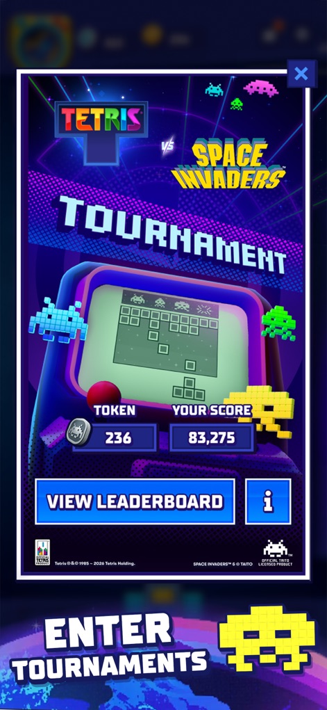 Tetris® - This screen highlights the "Tetris vs Space Invaders Tournament" interface, displaying token count and scores, alongside the option to "View Leaderboard".