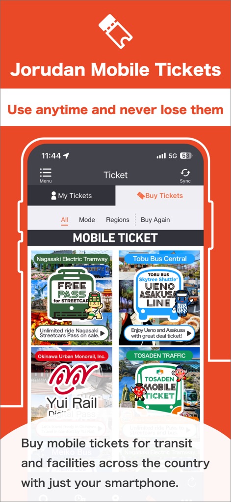 Japan Transit Planner - The interface displays a robust mobile ticketing system, allowing users to purchase and manage tickets for various services like the Nagasaki Electric Tramway and Tobu Bus Central.