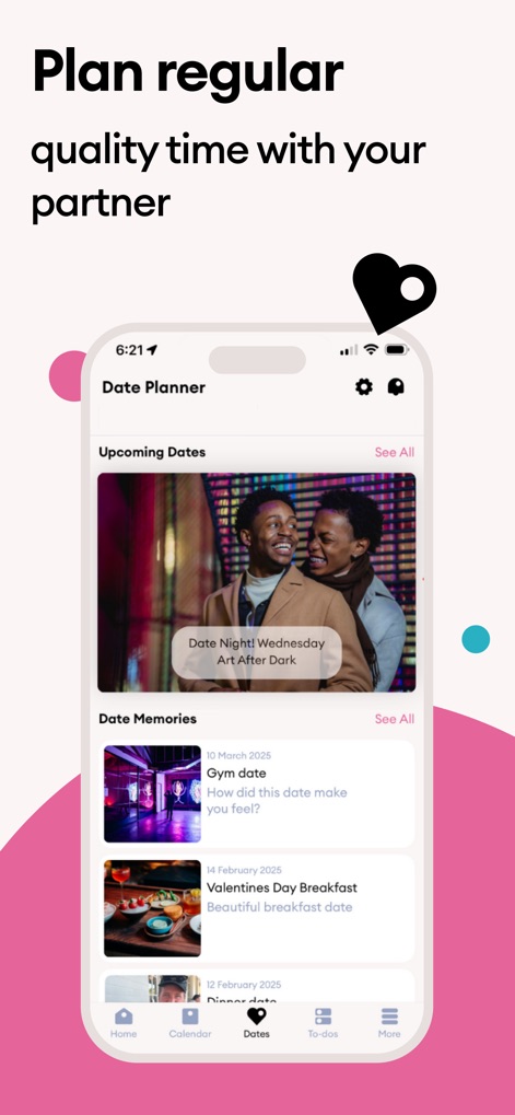 Cupla: Shared Couples Calendar - Facilitate meaningful connection with the 'Date Planner', which highlights 'Upcoming Dates' for future plans and preserves cherished 'Date Memories' from past experiences.