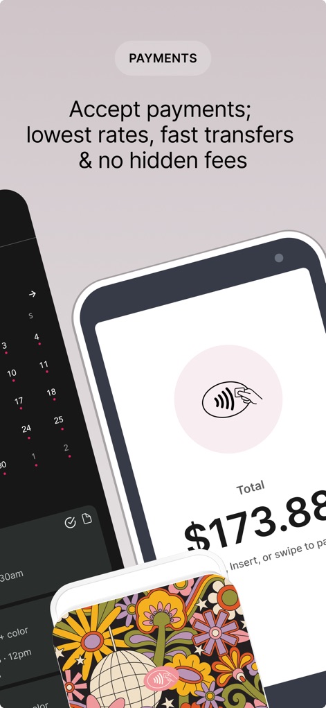 GlossGenius: Booking, Payments - Esta herramienta presenta una pantalla de procesamiento de pagos con el monto total y un icono claro para indicar las opciones de pago sin contacto.