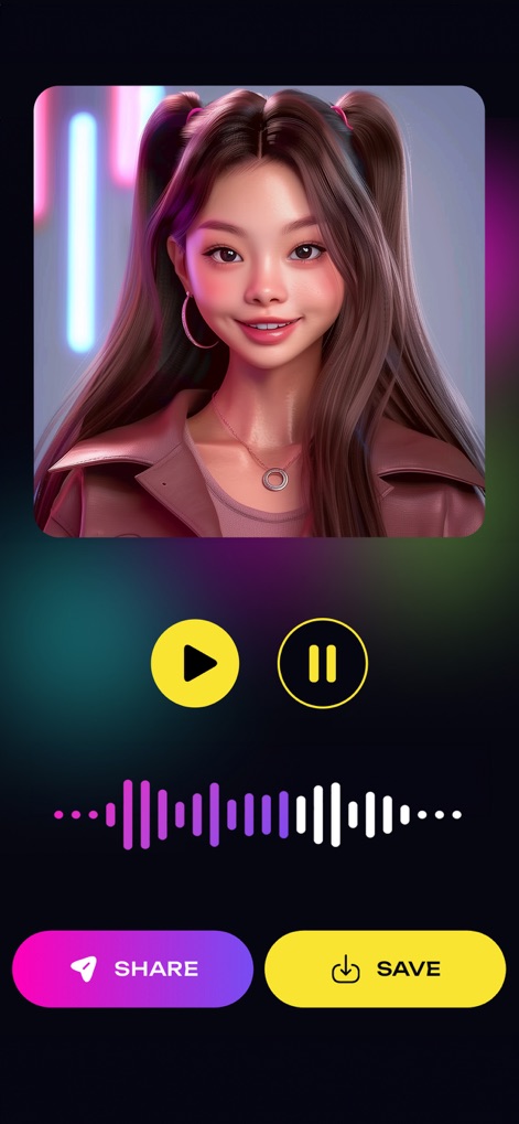 Funny Voice Changer: AI Effect - A tela de edição apresenta um avatar de personagem detalhado, permitindo aos usuários visualizar o waveform de áudio e utilizar as funções 'SHARE' e 'SAVE' para distribuir ou armazenar suas gravações.