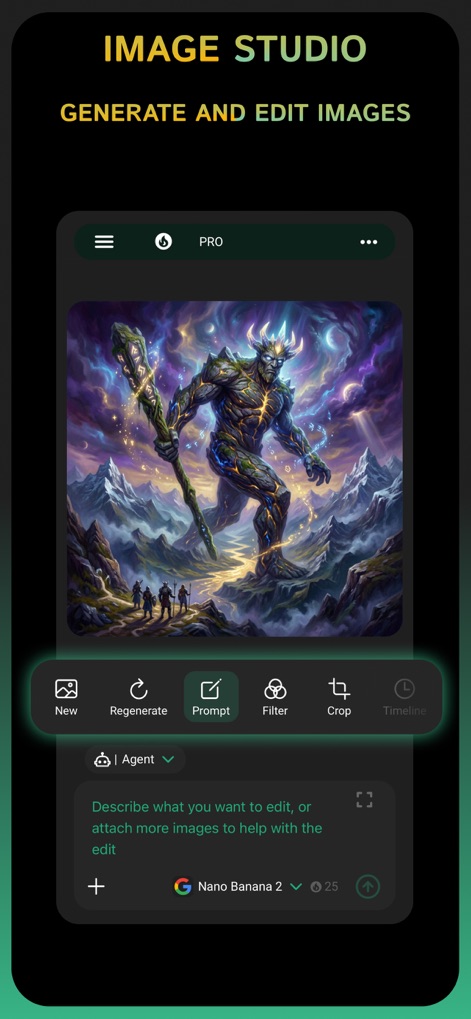 Clever AI Hub - Pro AI Agents - The app's Image Studio offers detailed control with options to regenerate creations and apply filters, empowering users to refine their visual content.