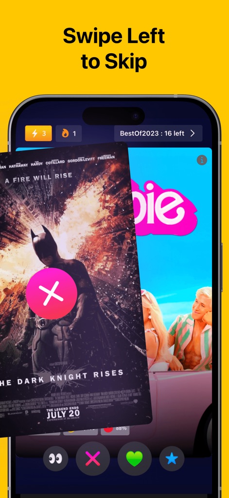 Movie Night: Film & TV Picker - Unwanted options are quickly dismissed with a decisive left-swipe motion, visually indicated by the clear red 'X' icon.