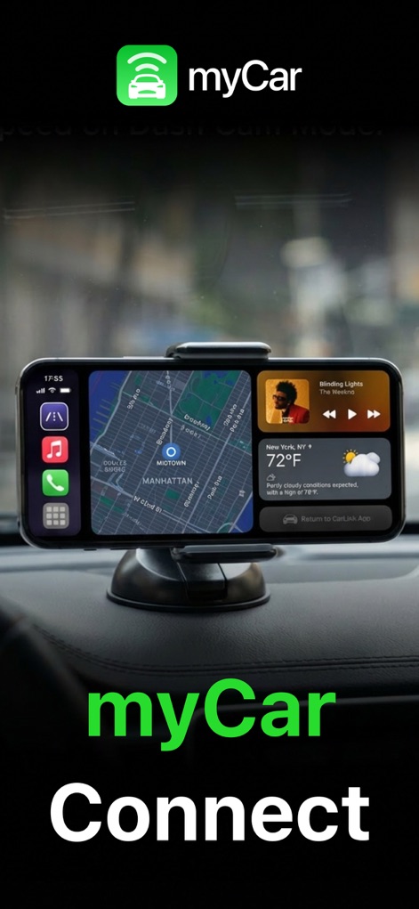 myCar: Key Connect & Dashboard - ナビゲーション、メディア、天気が一体化した統合インターフェース。ユーザーはマンハッタンのターンバイターンナビゲーションとニューヨークのリアルタイム天気予報を確認できます。