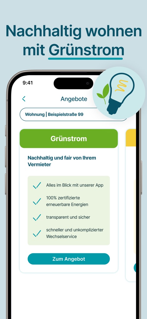 Mein Vonovia - The app promotes eco-friendly choices by presenting clear green electricity offers and detailing the benefits of 100% certified renewable energy sources.