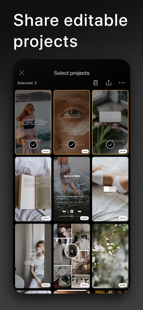 Graphionica: Story Maker - Users can easily select and share multiple editable projects from a curated gallery, marked with checkmarks for selection and offering options to delete or upload content directly.