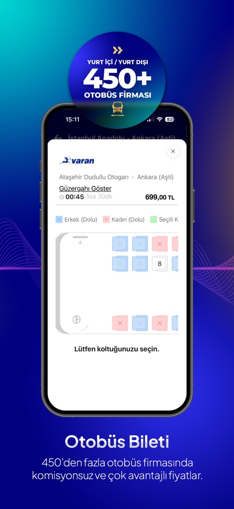Turna - Uçak Otel Otobüs Araç - Experience the user-friendly bus seat selection interface, which clearly differentiates available seats and specifies passenger gender options.