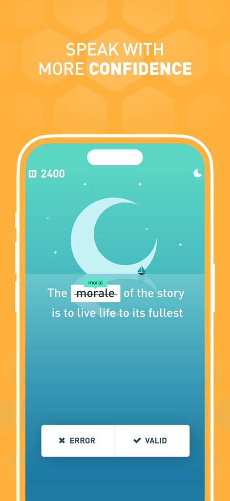Elevate - Brain Training Games - Users can practice confident communication with exercises like identifying grammatical errors in sentences, such as correcting "morale," set against a serene night sky with a crescent moon.