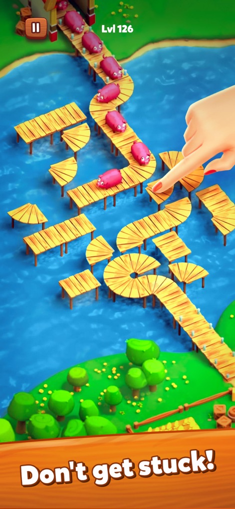 Farm Jam: Animal Escape Game - Observe advanced level challenges featuring intricate path-building mechanics across water and pigs needing a clear route to safety.