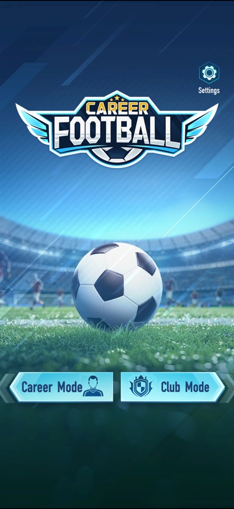 Football Career - Soccer Games - O aplicativo oferece a escolha entre o "Career Mode" (Modo Carreira) e o "Club Mode" (Modo Clube), apresentados com uma imagem imersiva de um campo de futebol.