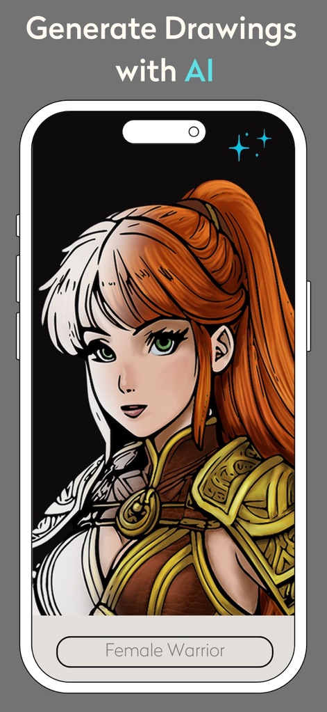 Adult Coloring Book: Chroma - 사용자는 이 기능을 통해 AI가 생성한 채색 페이지를 탐색할 수 있습니다. 'Female Warrior'라는 특정 주제와 함께 반쯤 색칠된 그림으로 AI 생성 기능을 경험할 수 있습니다.