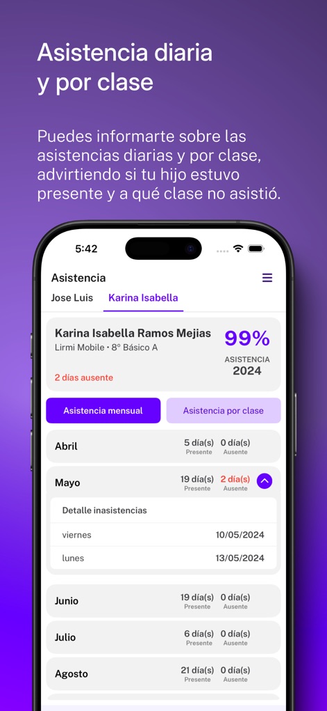Lirmi Familia - Review the attendance tracking feature, which displays a student's overall attendance percentage and provides a detailed breakdown of daily and monthly attendance records.