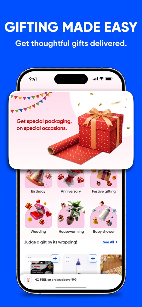 Instamart: Groceries & more - This feature provides 'GIFTING MADE EASY' solutions, offering special packaging for occasions and a wide selection of categories from 'Birthday' to 'Festive gifting'.