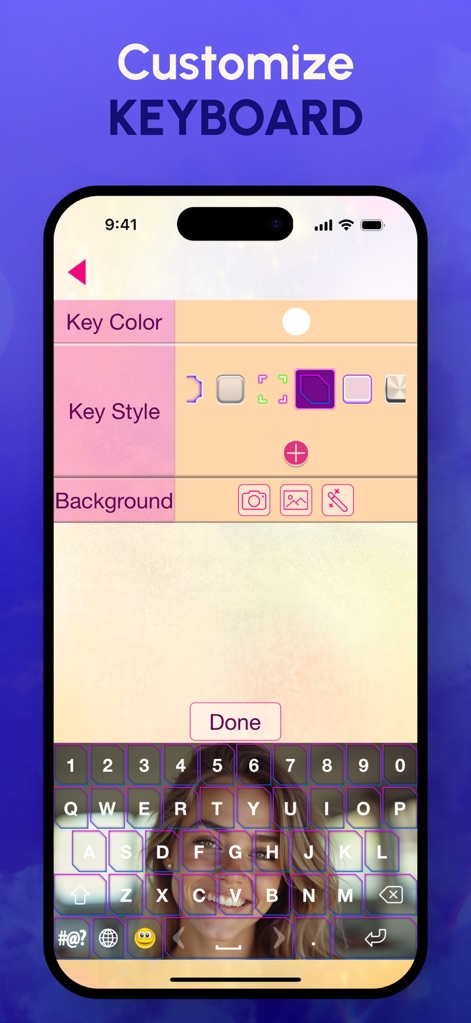 Photo Keyboard Theme Changer - This screen provides a unified customization menu for adjusting key color and key style, alongside a real-time keyboard preview to visualize changes instantly.