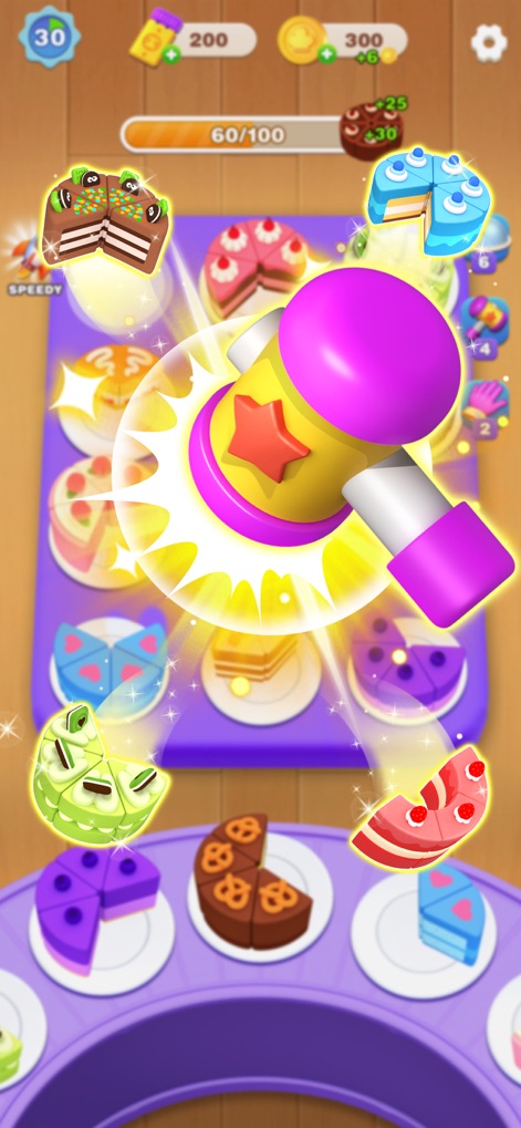 Cake Sort Master-Color Puzzle - Cet outil propose des boosters ingénieux, comme ce marteau coloré, pour éliminer stratégiquement des parts et débloquer de nouvelles combinaisons.