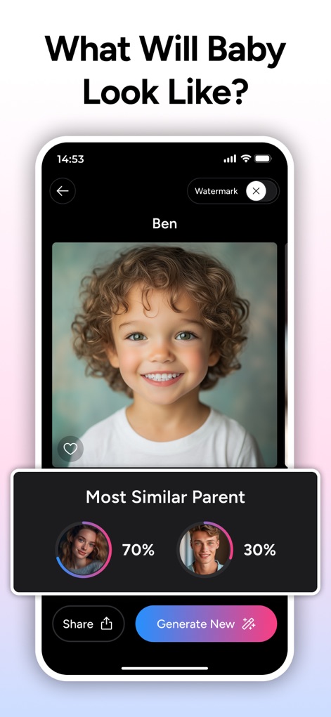 AI Baby Generator - TinyFaces - View the 'Most Similar Parent' analysis, clearly indicating genetic percentages, alongside options to 'Share' or 'Generate New' baby images.